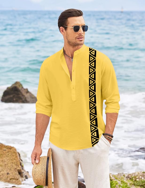 Image of FINIVO FASHION Men's Short Kurta with Printed Geometric Side Panel | Cotton Blend Full Sleeve Ethnic Topwear with Mandarin Collar | Stylish Indo-Fusion Kurta for Daily, Festive, or Casual Wear