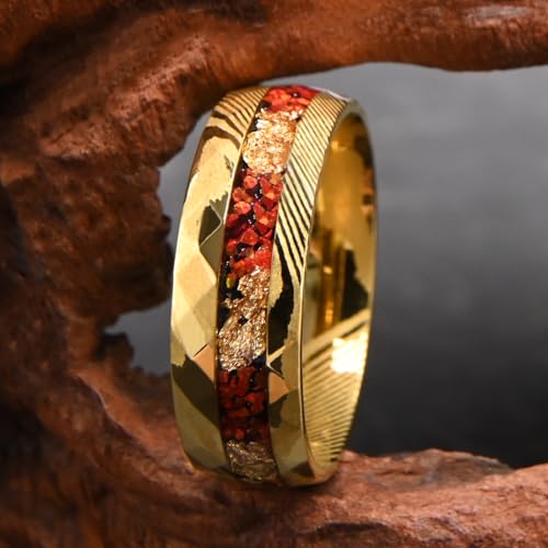 Gold Damascus Steel Rings for Men and Women 8mm Hammered Inlaid with Red Opal and gold foil Men's Engagement Wedding Bands High Polished4