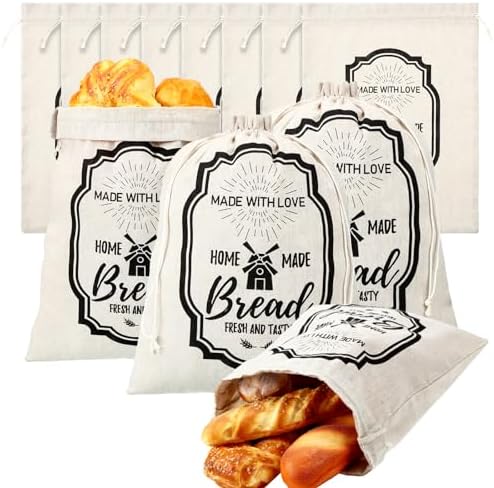 8 Pcs Large Linen Bread Bag for Homemade Bread Reusable Bread Container and Saver Drawstring Bread Storage Bags Unbleached Bread Storage Container Keeper for Bakery 12″ x 15″ (Stylish Style)