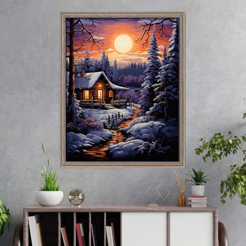 Image of Leczany Cross Stitch Stamped Kit for Adults - Winter Dawn | DIY Embroidery Starter Patterns Craft Kit Needlepoint for Beginner | 11CT, 3 Strands | 13.4x17.3 inches