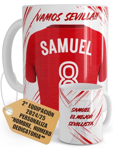 Tazas Personalizadas Fútbol Sevilla Nombre Número Y Dedicatoria Equipaciones 24/25 Cerámica, Regalo Original Para Aficionados De Equipos Sevillista Apta Microondas Lavavajillas Té Café (SEVILLA 2)