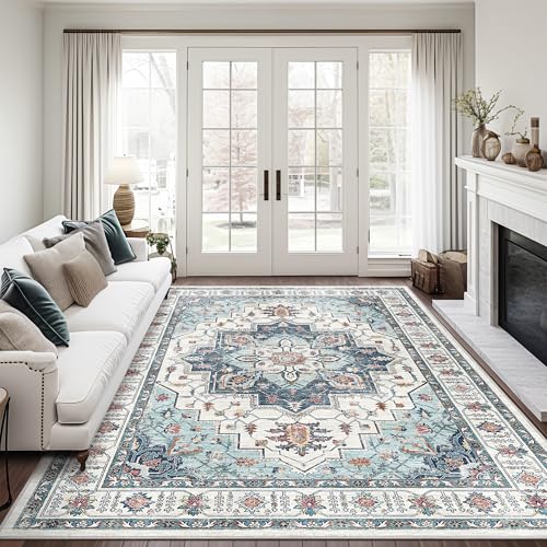 Madane 5x7 Area Rugs for Living Room, Stain Resistant Washable Rug, Non-Slip Backing Area Rug, Vintage Home Decor Rug for Bedroom (Blue, 5'x7')