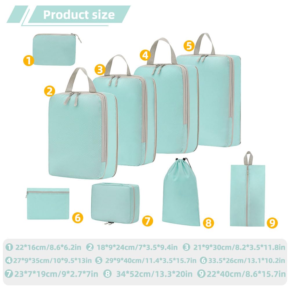 9 Pezzi di Organizer Valigia Compressione Set,Organizer da Valigia Impermeabile Salvaspazio con Doppia Cerniera, Compressione Packing Cube Ultraleggero Viaggio, per Vestiti, Scarpe - Blu