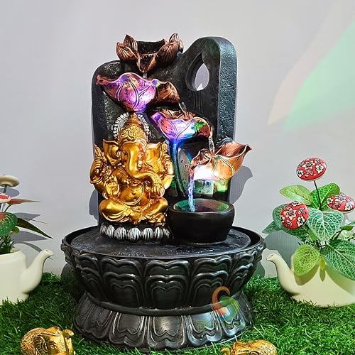 Image of Ganehsa Decorative Table Top Water Fountain for Home Decor /Office /Indoor & Outdoor /Garden /Puja Room /Vaastu with Multicolor LED Light and Adjustable Water Pump (Black & Gray D-22)