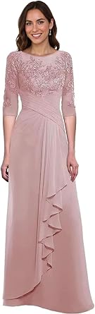 REIOKJ Lace Chiffon Mother of The Bride Dresses - 3/4 Sleeves Long Formal Evening Dress for Wedding
