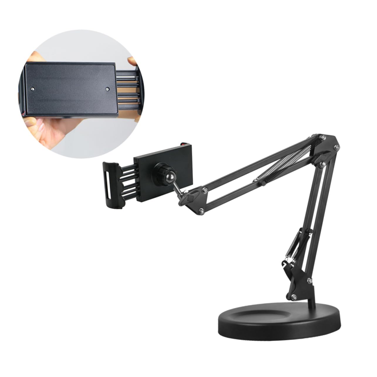 Soporte De Metal para Teléfono Móvil y Tableta Brazo De Suspensión De Escritorio con Clip Compatible con iPhone y para Fotografía y Video Color Negro