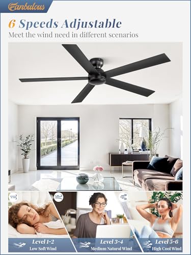 Image of Fanbulous 60 Inch Ceiling Fan no Light, Flush Mount Low Profile, Black