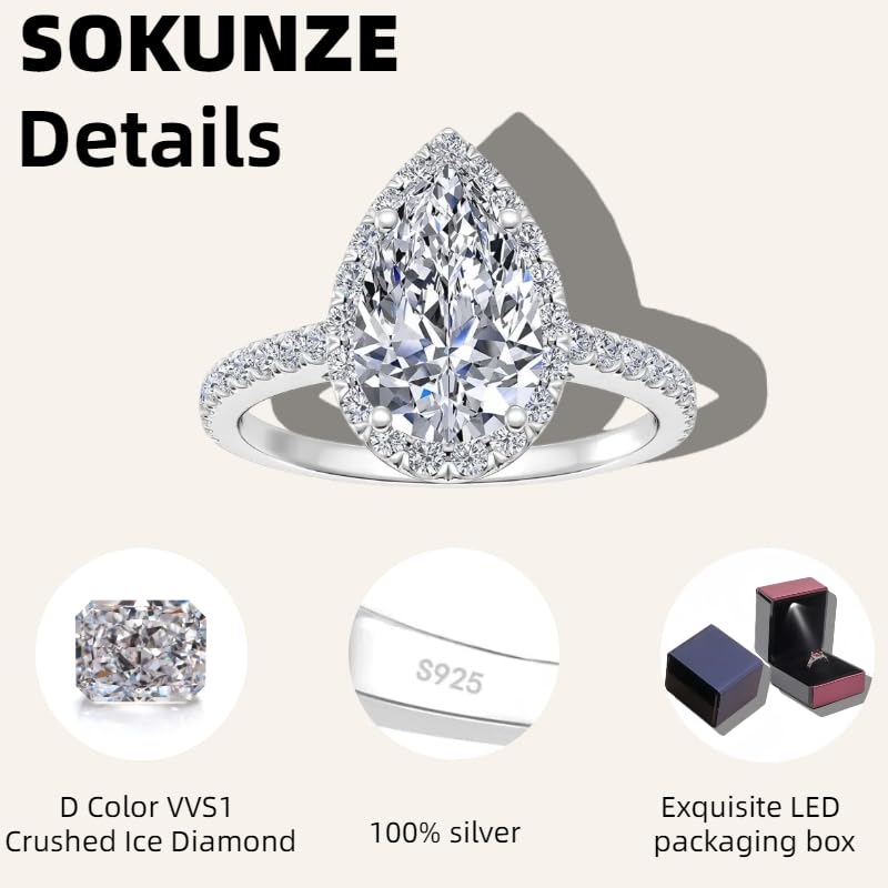 Engagement Rings for Women Wedding Promise Ring - Sterling Silver Rings for Women 1 Carat D Color VVS1 Pear Shaped Crushed Ice Diamond, 18K White Gold Plating Women's Diamond Rings Ideal Gift for Her3