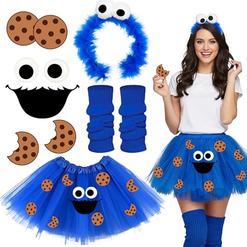Singtis Krümelmonster Kostüm Damen Fasching – Cookie Monster Kostüm mit Tüllrock, Haarreif, Augen, Socke & Keks Stickern – Sesamstraße Damen Karneval Monster Kostüm Zubehör (8)