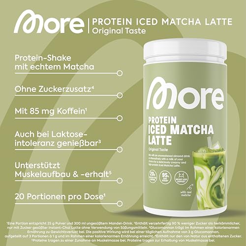 MORE NUTRITION MORE Protein Iced Matcha Latte, 500g, Matcha Grünteepulver mit wertvollen Proteinen, wenig Zucker und Fett - made in Germany - Produktansicht 3 | Proteinpulver
