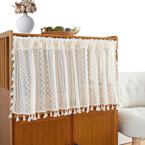 Jsleid Cortina de Ganchillo, Visillo Corto Vintage Bohemio, Cortina de Encaje, Cortina Corta con Borlas, para Cocina, Cafetería, Baño, Dormitorio (45 * 150cm)