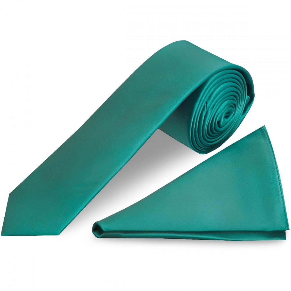 Ties R Us Men's Green Plain New Teal Satin Skinny Tie And Handkerchief Set