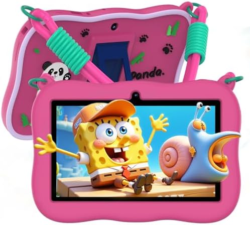VASOUN 7 inch Kids Tablet with Strap, Android 13 with 32GB Toddler Tablet,WiFi, Dual Camera,Time Limits, Age Filters,Parental Controls,Kids Software Pre-Installed with Silicone Case (Pink)