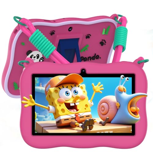 Image of VASOUN 7 inch Kids Tablet with Strap, Android 13 with 32GB Toddler Tablet,WiFi, Dual Camera,Time Limits, Age Filters,Parental Controls,Kids Software Pre-Installed with Silicone Case (Pink)
