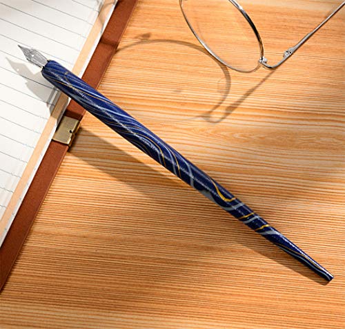 Hillento Marble Wood Manga Calligraphy Drawing Pen Kit, Professional Comic Dip Pen, Includes 2 Comic Pen Holders Handles, 12 Nibs For Lettering Sketching, Art, Calligraphy, Blue And Yellow #TOP2