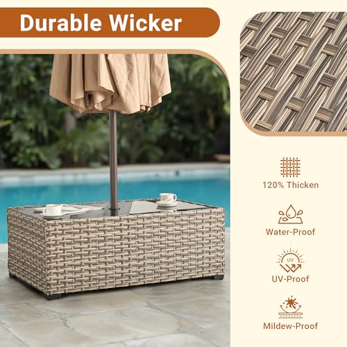 HOOOWOOO Outdoor Patio Side Table with Umbrella Hole,Wicker Coffee End Table Glass Top,Umbrella Table with 1.64\" and 2\" Hole for Yard,Deck,Porch,Garden(Rectangle Brown)