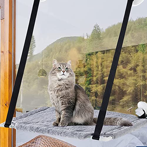 Easy Joy Amaca per Gatti da Finestra, per Cani/Gatti da Interni, Letto Con Coperta Morbida+ Ventose, Stabile e Facile da Montare, Supporto Fino a 15 kg (Grigio)