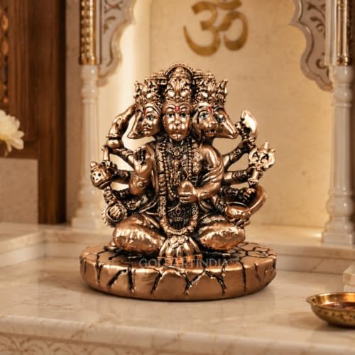 Image of Gold Art India Panchmukhi Hanuman Idol | Copper Antique Matte Finish Murti | Premium Polyresin Statue | Spiritual Home Decor for Mandir, Office & Car Dashboard | Premium Gift | 4 Inch