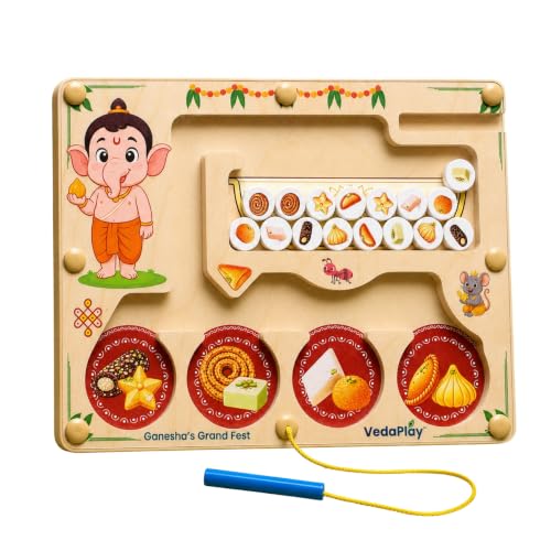 Image of Ganesha's Grand Fest - Vedic Wooden Magnetic Maze | Montessori Toy for Toddlers 15M+ | Birch Wood, Made in India, Non-Toxic | Screen-Free Play, Sealed Magnets, Shatter-Proof | Birthday Gift