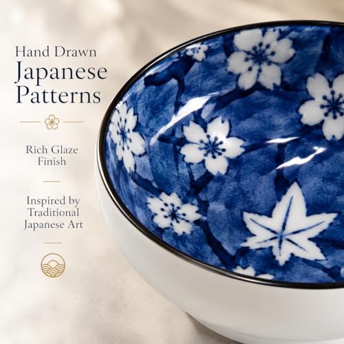 Image of Japanese Ceramic Bowl Set of 4 | 300ML Hand Painted Soup Rice Snack Bowls, Glossy Blue Floral Patterns, Textured White Exterior | Microwave & Dishwasher Safe Gift Set (Blue Ember)