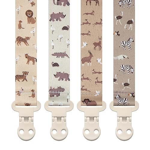 Image of Stadela Baby Pacifier Clip Holder - Girl or Boy Unisex 4 Pack Gift Set – Boho Modern Neutral Animals Elephant Giraffe Zebra (Safari)