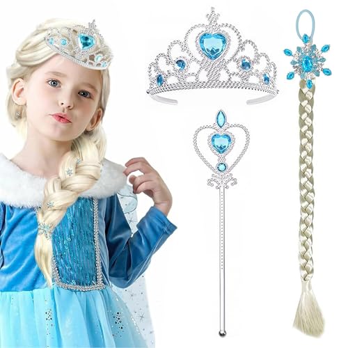 3 Piezas Conjunto con Accesorios de Princesa del Hielo Elsa, Niña Princesa Peluca Trenzas, Princesa Vestir Accesorios Princesa Elsa, Contiene Varita, Corona y Trenza
