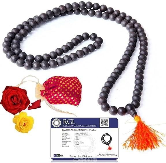 100% Natural Unpolished Karungali Malai Original | Karungali Malai 8mm - Natural Black Ebony - with 2 Lab Certified கருங்காலி மாலை