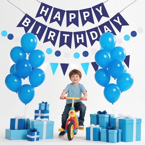 Image of Blue Happy Birthday Banner Hanging Sign Circle Dot Triangle Bunting
