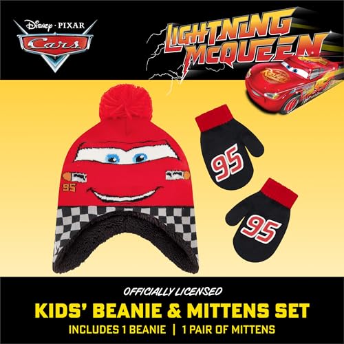 Image of Disney Boys' Winter Hat and Mitten Set, Cars Lightning Mcqueen Toddler Beanie for Ages 2-4