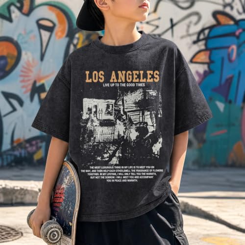 Image of Oversized Boys Graphic Tees Acid Wash Los Angeles Tshirt Youth Cotton T Shirt Crewneck Tee Kids Short Sleeve Tops