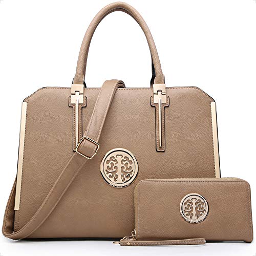 DASEIN Women Large Satchel Handbag Shoulder Purse Top handle Work Bag Tote With Matching Wallet (Dark Beige)