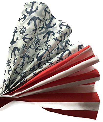 Red Stripe/Blue Anchors Nautical Tissue Paper Bundle for Gift Wrapping, 24 Large Sheets of Decorative Tissue Paper