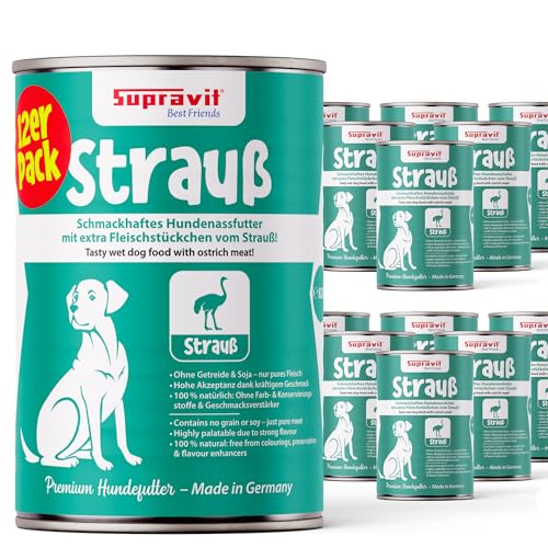 Supravit Nassfutter für Hunde I 12 x 410g Dosenfutter I Hundefutter mit schmackhaftem Strauß I getreidefreies Hundefutter für ernährungssensible Hunde