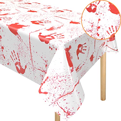 Tischdecke Halloween Deko, 137 x 183cm Rechteckige Rot Blutige Hände Weiß Halloween Party Tischdecke Realistisch Kunststoff Wiederverwendbar Auslaufsicher Waschbar für Halloween Party Outdoor Indoor Cover