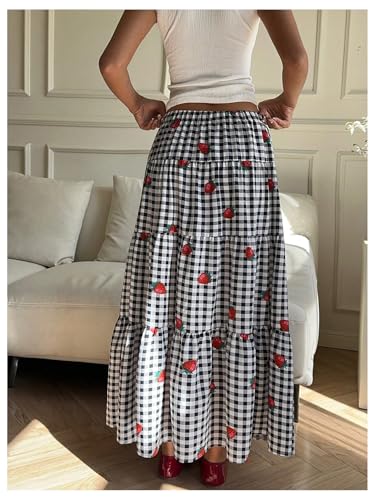 Women's Gingham Cherry Graphic Midi Skirts Drawstring Waist Ruffle A Line Flowy Skirt2
