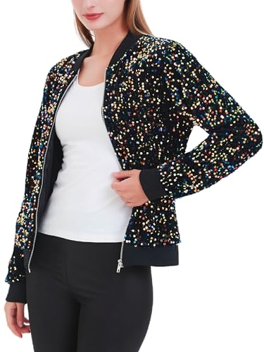 Anna-Kaci Velvet Long Sleeve Sequin Glitter Bomber Jacket Zip Night Out Blazer2