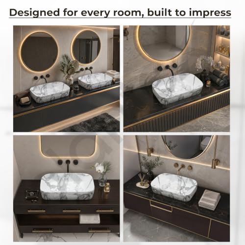 Image of Plantex Ceramic Tabletop Washbasin for Bathroom /Designer Counter Top Hand Wash Basin /Rectangle Bathroom Sink for Home /Office (21.5x14x5 Inch -Marble Finish)