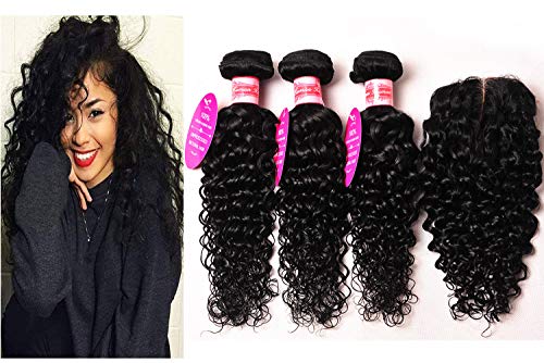 Younsolo 3 Bundles Water Wave with Lace Closure Unprocessed Human Hair Extensions Jet Black Color(18 20 22+16, Jet Black)