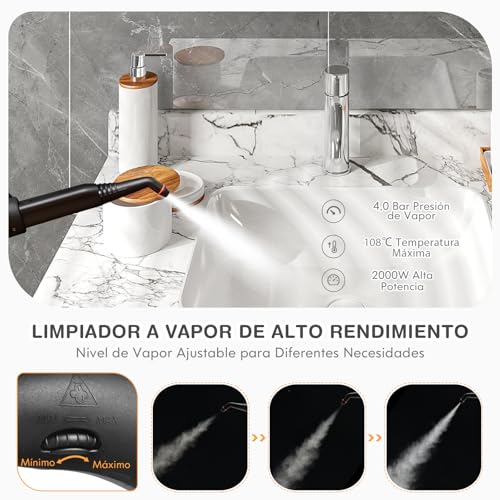 Miniatura 6 de Costway Limpiadora De Vapor 2000w, Vaporeta De Mano Con 19 Accesorios, 4 Bar 1,5l Tank Hasta 108 C Led, Vaporizador Con Cierre De Seguridad Para Niños Para Alfombra, Piso Naranja