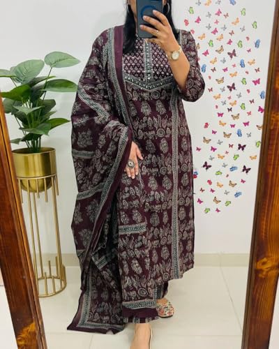 Image of krisjan|Women's Pure Cotton Printed with Handwork Kurta with Pants and Dupatta Set | Ethnic Set | Suit Set | Kurta Set | Wedding Suit Set