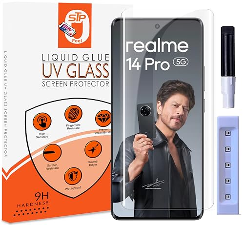 Image of UV Premium HD+ Tempered Glass Screen Protector Guard Compatible For Realme 14 Pro 5G (6.77 Inch, Pack of 1) Full Adhesive UV Curved Case Friendly HD Clarity with easy installation kit