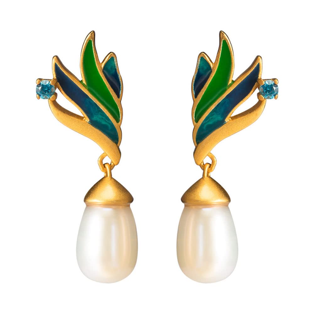 Orecchini,Orecchini Festivi,Orecchini Stile Cinese,Orecchini in Argento S925 per Donna,Orecchini Pendenti con Perle e Strass Eleganti Orecchini a Bottone Gioielli in Stile Cinese con Scatola Regalo