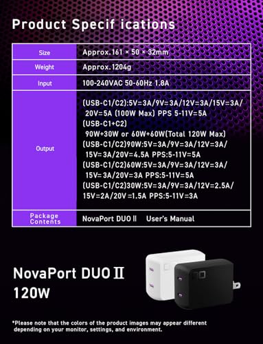 120W USB-C Charger Block, Compact 2-Port GaN Charger with Dual USB-C, High Wattage PD Fast Charging Adapter for MacBook Pro, Windows Laptop, iPhone 15/16, Android, Tablet, NovaPort DUO II 120W (Black)