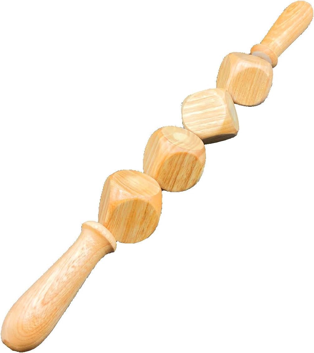 Kruvad Wooden 4 Roller massager Stick With Comfortable Handle Dice Therapy Tool portable to Relieve Stomach for Legs Back Pain Relief Body Rolling Type Massager Wooden 4 Rotatable Rollers Stick