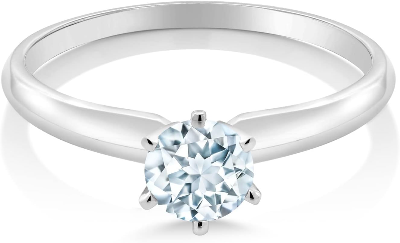 Gem Stone King 18K White Gold Sky Blue Aquamarine Engagement Solitaire Ring For Women (0.50 Cttw, Round 5MM, Gemstone March Birthstone) - Image 2