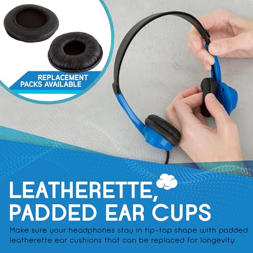 Image of Egghead Heavy-Duty Kids' Stereo Headphones with Padded Ear Cups and 4' Cord, Adjustable Tangle-Free Stereo School Headphones, Pack of 20, Blue