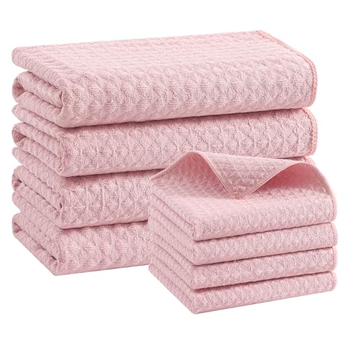 Homaxy Microfiber Waffle Weave Kitchen Towels Set (16 x 28 & 12 x 12 Inch Pink) Ultra Absorbent and Solid Color Dish Towels 8 Pack Pink