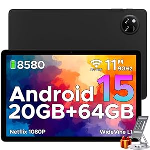 DOOGEE Tab A9+ Android 15 Tablet,11 inch Tablet with 90Hz,8580mAh,20GB+64GB/2TB Octa Core,7.9mm Ultra Thin Gaming Tablets,13MP+5MP,Dual Speakers,Bluetooth 5.0,Face ID,5G WiFi,FM,Widevine L1,GPS,Black