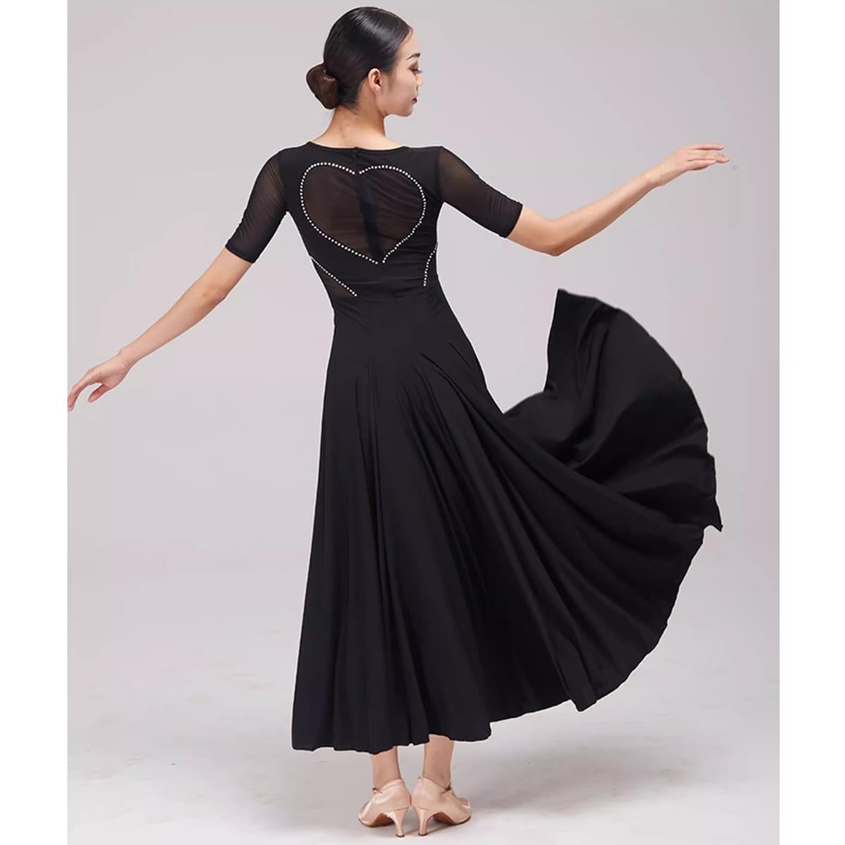 purpleq Vestido de Baile de salón para Mujer con Escote en V, Manga Corta, Malla combinada, Moderno, para vals y Flamenco, Ropa para Baile de graduación y Fiestas
