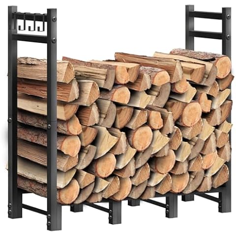 Abkshine Heavy Duty Firewood Rack Outdoor, 3.7FT Elegant Fireplace Wood Holder Indoor with Hooks, Sturdy Metal Fire Wood Racks for Christmas Fireplace Patio Deck Logs Storage Organizer Cover